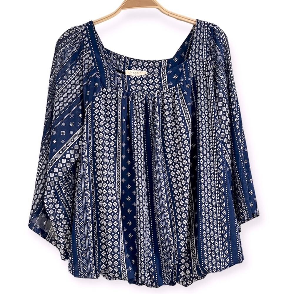 Ember Women’s Navy Blue Cropped Boho Blouse Sz L